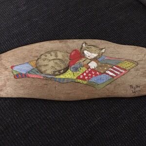 Cat & mouse with patchwork quilt, hygge cottage, hand painted driftwood art